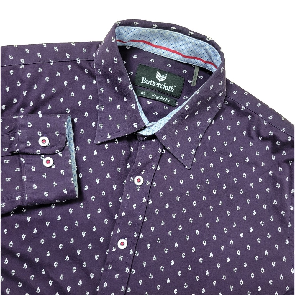 Butter Cloth Regular Fit‎ Mens M Purple All Over Abstract Geometric Button Up